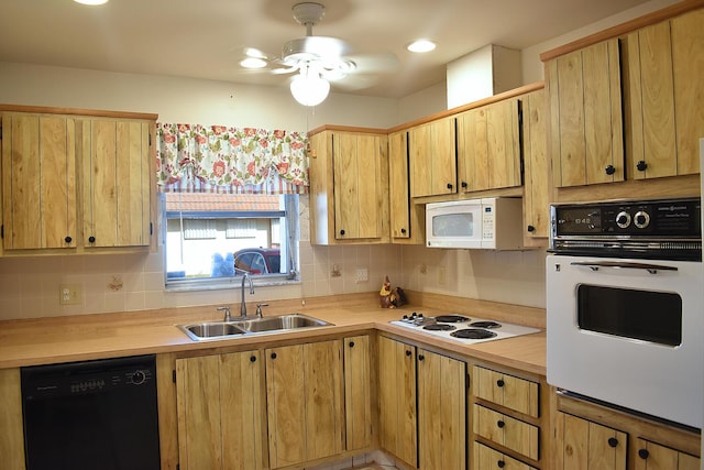 kitchen with decorative backsplash, ceiling fan, white appliances, and sink