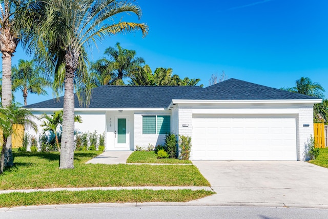 ranch-style home featuring a garage and a front lawn