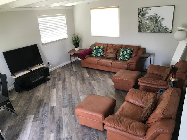 living room with hardwood / wood-style floors and beam ceiling