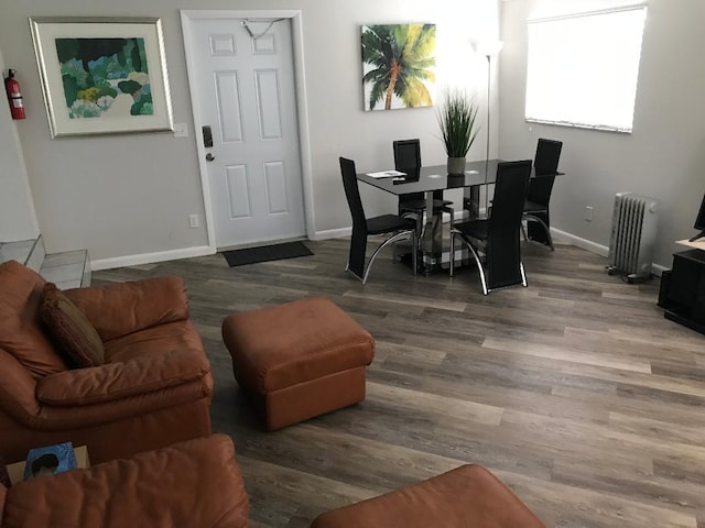 dining area featuring hardwood / wood-style floors and radiator