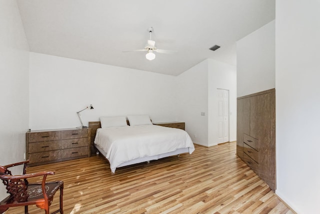 bedroom with ceiling fan and light hardwood / wood-style floors