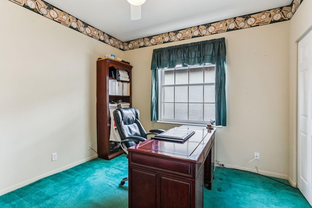 office featuring ceiling fan and carpet