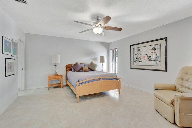 bedroom with ceiling fan and a textured ceiling