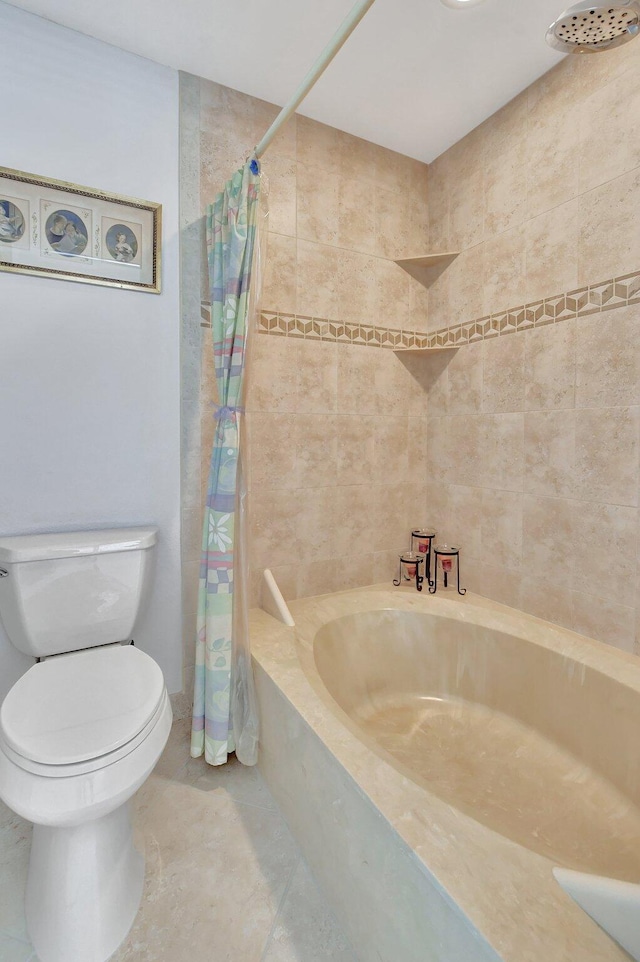 bathroom with tile patterned floors and shower / tub combo with curtain