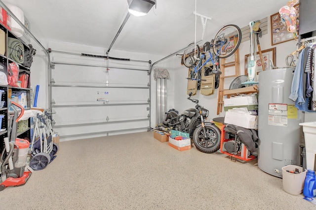 garage featuring a garage door opener and water heater