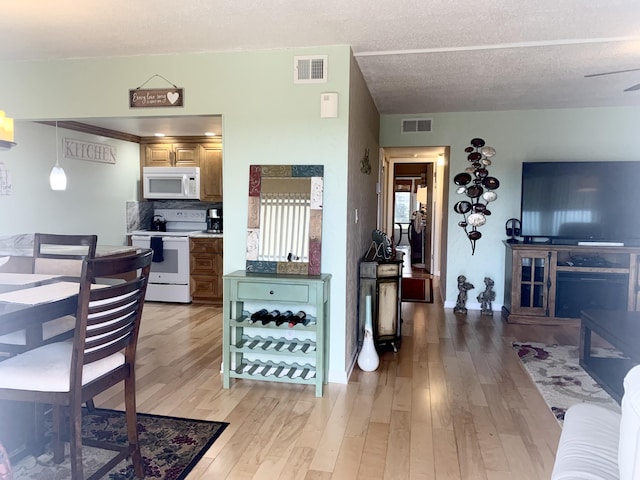 living room featuring light hardwood / wood-style floors and a textured ceiling