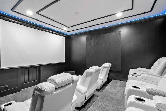 cinema with a raised ceiling and carpet floors