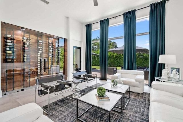 living area featuring a ceiling fan