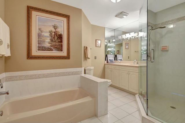 bathroom with tile patterned floors, vanity, and plus walk in shower