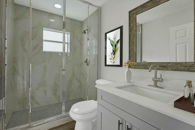 bathroom with a shower with door, vanity, wood-type flooring, and toilet