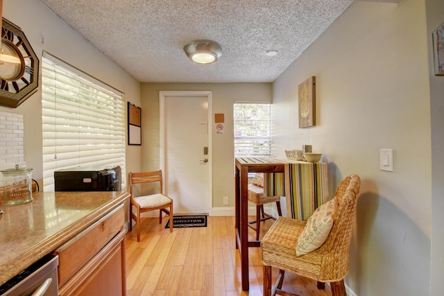 sitting room with a textured ceiling and light hardwood / wood-style flooring