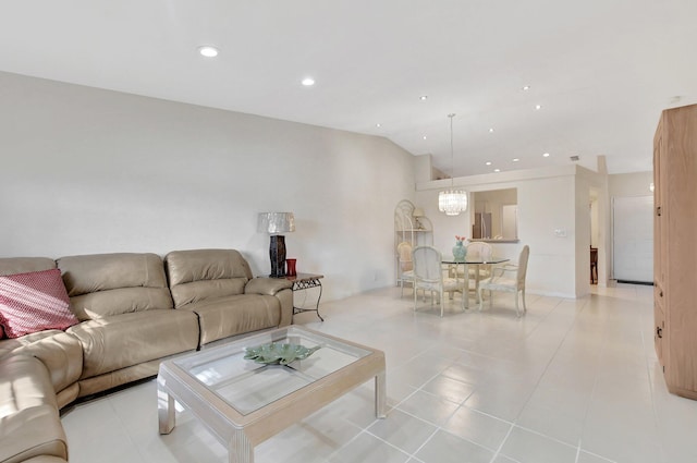 living room featuring light tile patterned floors and lofted ceiling