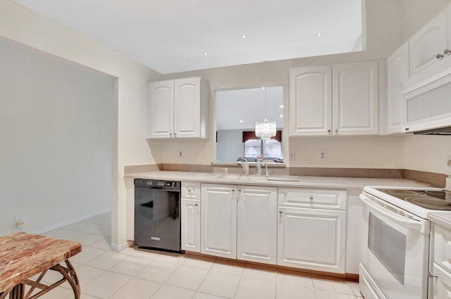 kitchen featuring white cabinetry, sink, light tile patterned floors, and white appliances