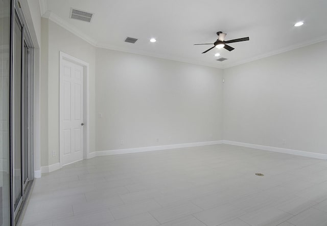 unfurnished room featuring crown molding and ceiling fan