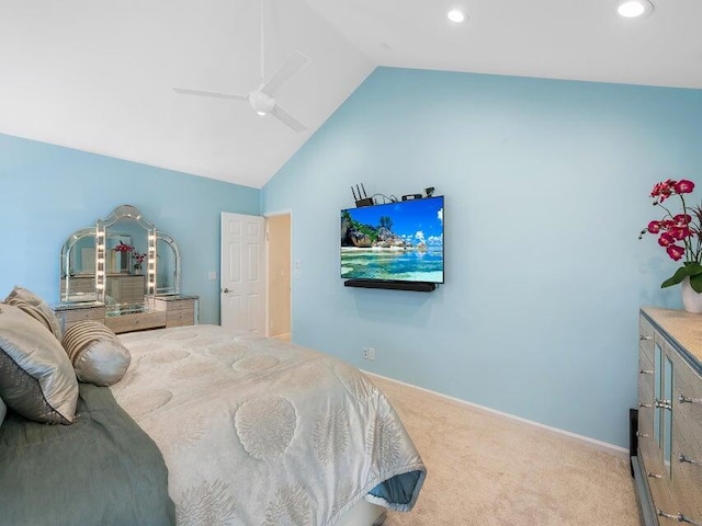 bedroom with carpet flooring, ceiling fan, and lofted ceiling