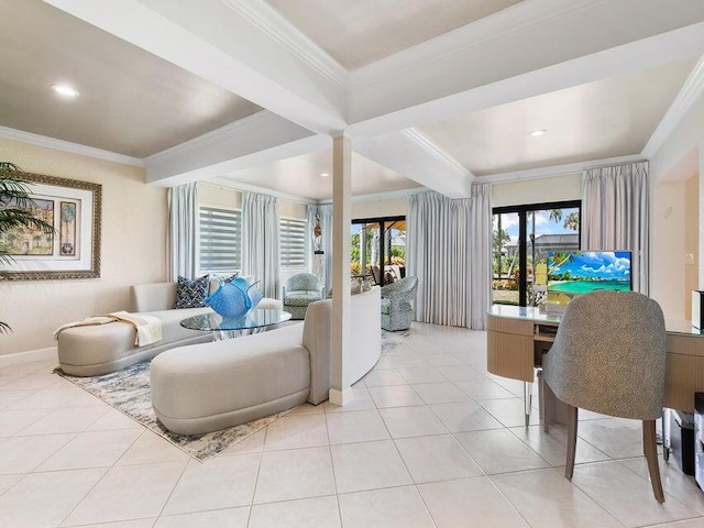 living room featuring light tile patterned flooring and crown molding