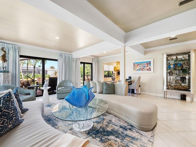 tiled living room with beam ceiling and crown molding