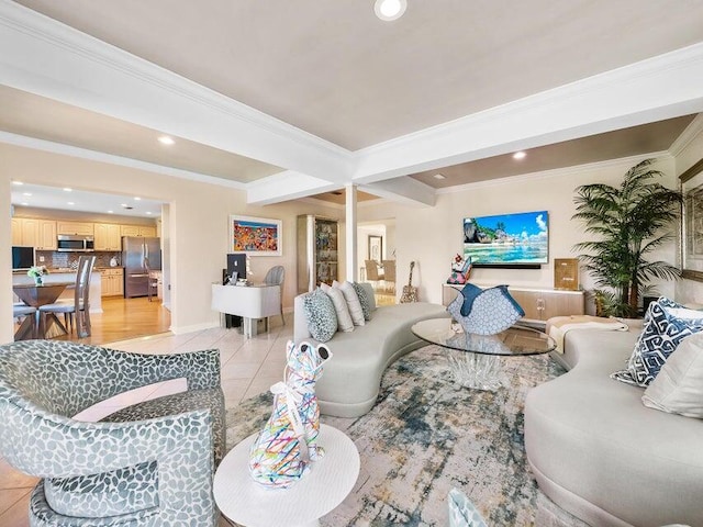 tiled living room with beam ceiling and crown molding