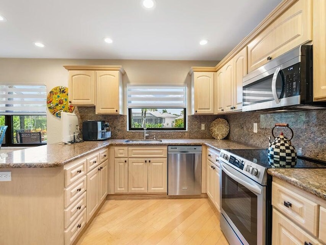 kitchen featuring sink, light stone countertops, light brown cabinetry, a healthy amount of sunlight, and stainless steel appliances