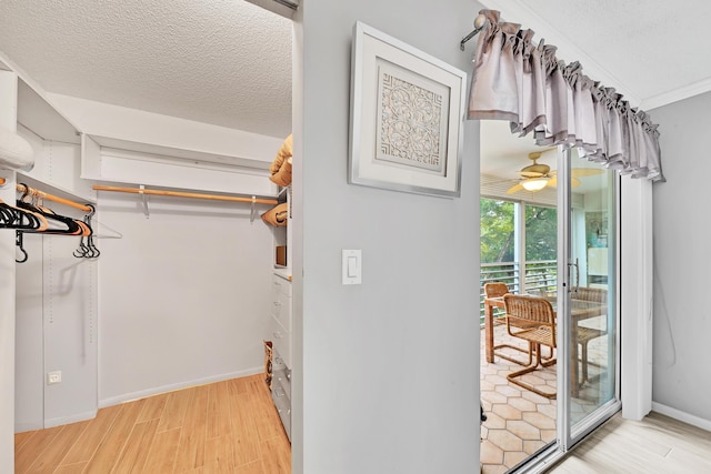 spacious closet with ceiling fan and light wood-type flooring