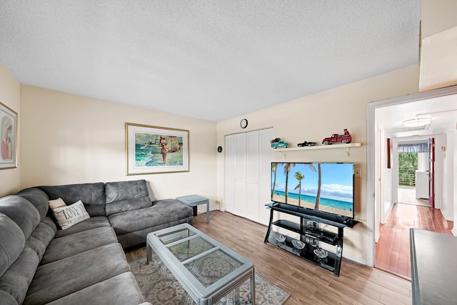 living room with a textured ceiling and hardwood / wood-style flooring