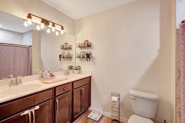 bathroom with walk in shower, vanity, wood-type flooring, and toilet