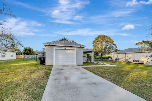 view of property exterior featuring a garage and a lawn