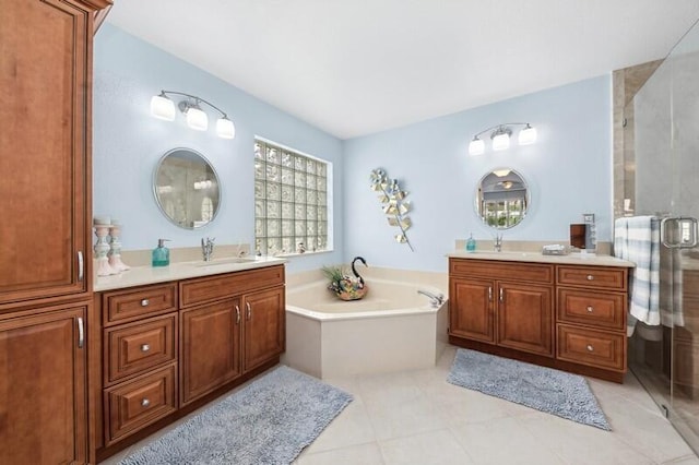 bathroom with vanity and plus walk in shower