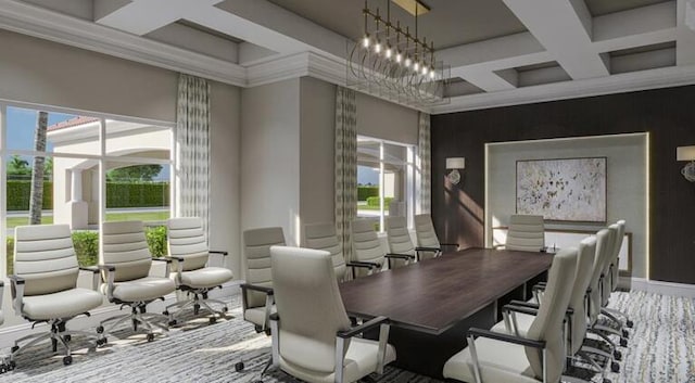 dining room featuring ornamental molding, coffered ceiling, a notable chandelier, and beam ceiling