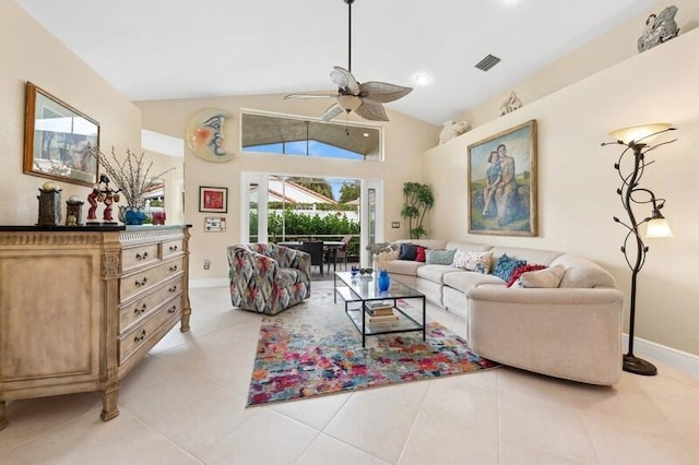 living room featuring lofted ceiling, light tile patterned floors, and ceiling fan