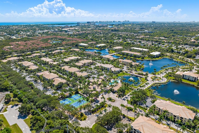 bird's eye view with a water view