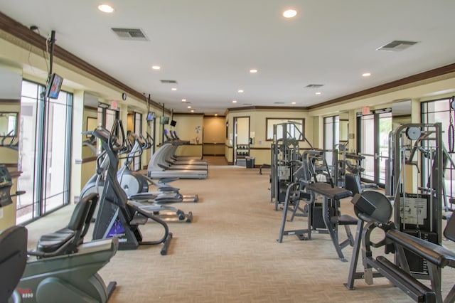 exercise room with crown molding