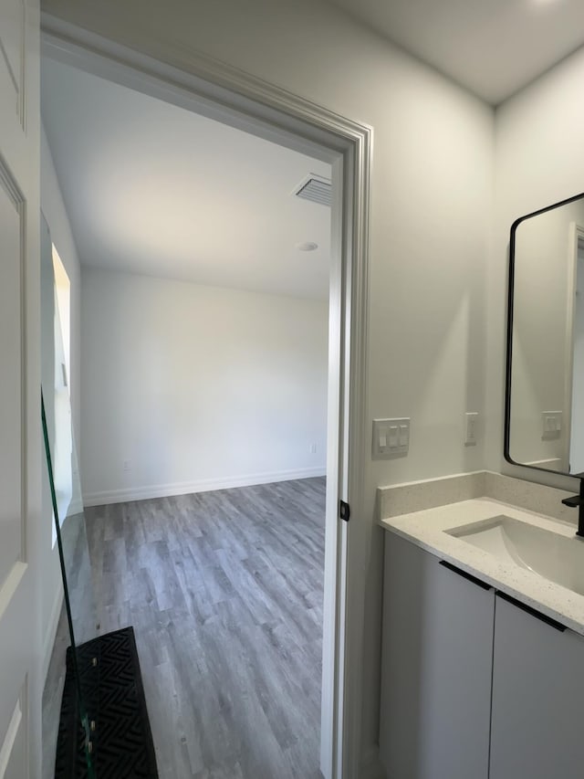 bathroom with vanity and wood-type flooring