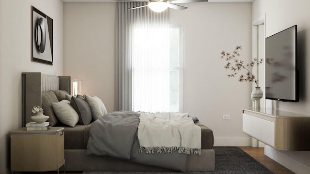 bedroom with hardwood / wood-style floors and ceiling fan