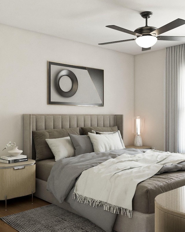 bedroom featuring ceiling fan and dark hardwood / wood-style flooring