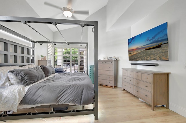 bedroom with access to outside, ceiling fan, and light hardwood / wood-style flooring