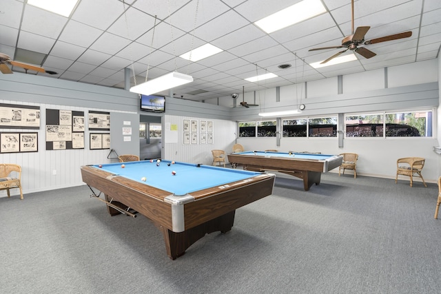 playroom with carpet, ceiling fan, and billiards