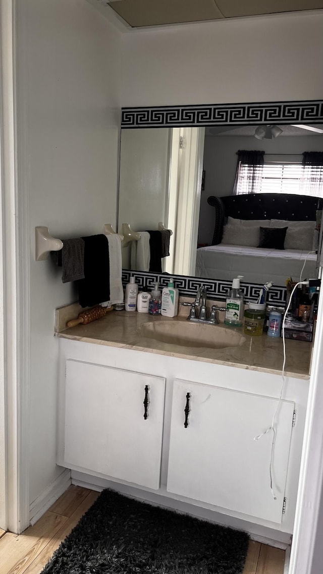 bathroom with vanity and hardwood / wood-style flooring