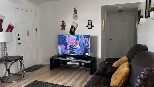 living room featuring light hardwood / wood-style floors and a textured ceiling