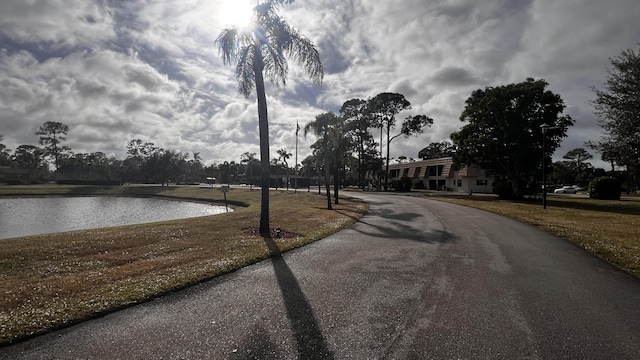 view of street with a water view