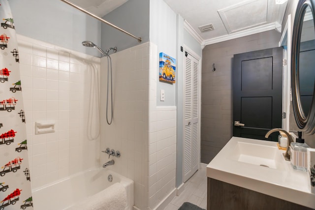 bathroom featuring vanity, shower / tub combo with curtain, and crown molding