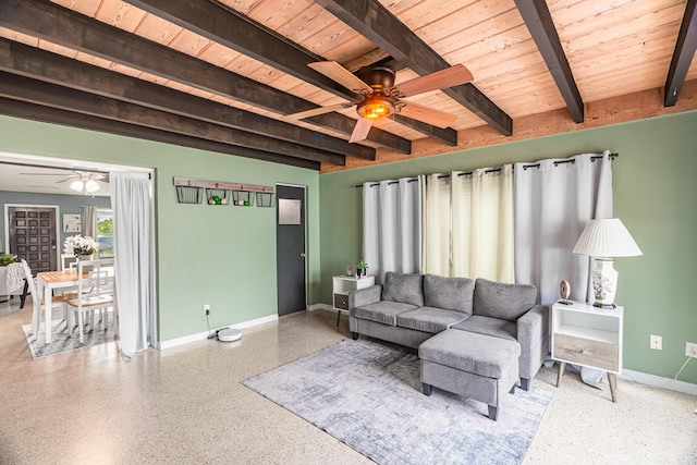 living room featuring beamed ceiling, ceiling fan, and wooden ceiling