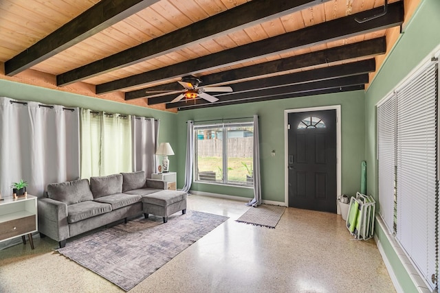 living room featuring beamed ceiling, ceiling fan, and wood ceiling