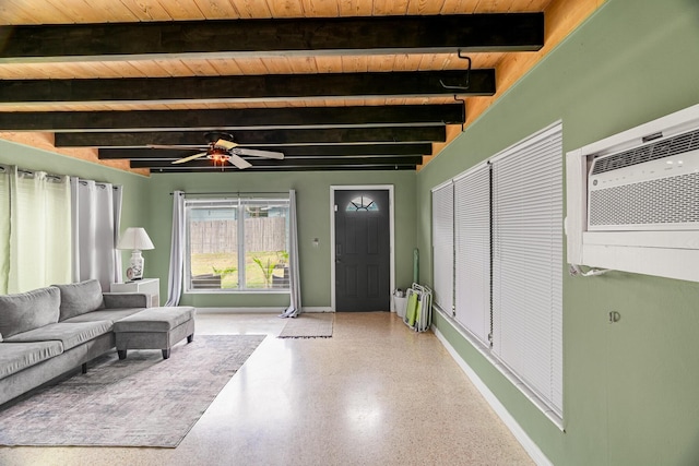 living room featuring beamed ceiling, ceiling fan, and wooden ceiling