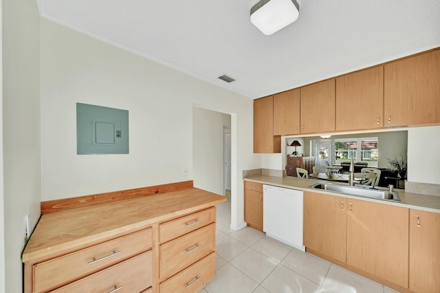 kitchen featuring sink, dishwasher, electric panel, butcher block counters, and light tile patterned flooring