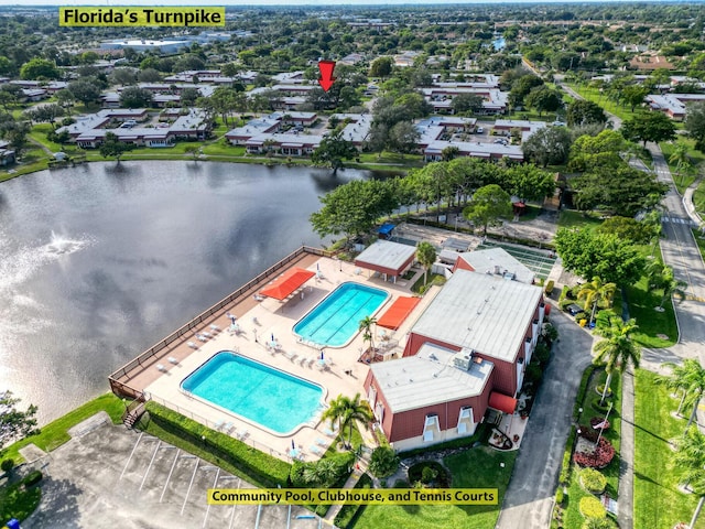 aerial view featuring a water view