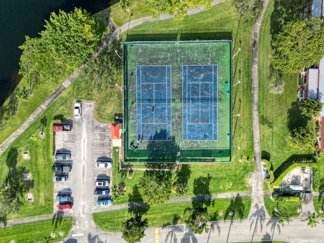 bird's eye view with a water view