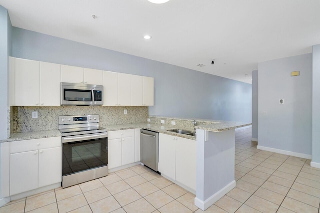 kitchen with kitchen peninsula, appliances with stainless steel finishes, white cabinetry, and sink