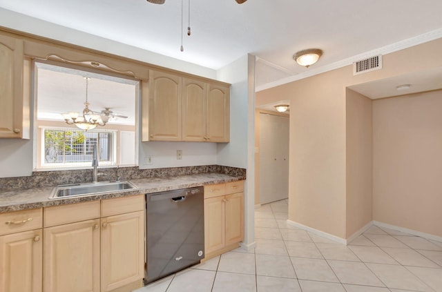 kitchen with ceiling fan with notable chandelier, sink, ornamental molding, black dishwasher, and light tile patterned floors