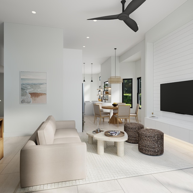 living room with light tile patterned floors and ceiling fan